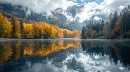 Fototapeta premium a body of water surrounded by trees with yellow and red leaves on the trees in the foreground and a mountain in the background with clouds in the foreground.