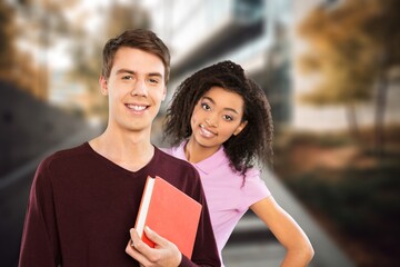 Positive young female student hold books