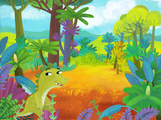 cartoon scene with forest jungle meadow wildlife with dragon dino dinosaur animal zoo scenery illustration for children © honeyflavour