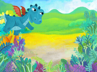 cartoon scene with forest jungle meadow wildlife with dragon dino dinosaur animal zoo scenery illustration for children © honeyflavour