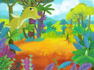 cartoon scene with forest jungle meadow wildlife with dragon dino dinosaur animal zoo scenery illustration for children © honeyflavour