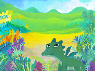 cartoon scene with forest jungle meadow wildlife with dragon dino dinosaur animal zoo scenery illustration for children © honeyflavour