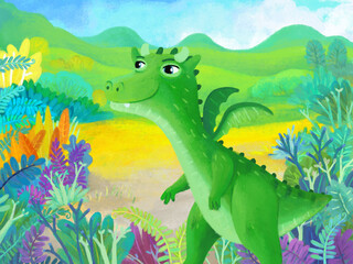 cartoon scene with forest jungle meadow wildlife with dragon dino dinosaur animal zoo scenery illustration for children © honeyflavour