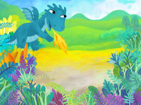 cartoon scene with forest jungle meadow wildlife with dragon dino dinosaur animal zoo scenery illustration for children