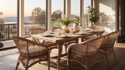 Utilize natural rattan dining chairs with plush, light-colored cushions for a comfortable and trendy take on natural materials