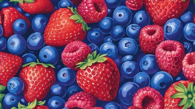  a painting of strawberries, blueberries, and raspberries on a blue background with green leaves and a red strawberry on the top of the bottom of the image.