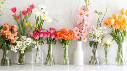  a row of vases filled with different colored flowers on a marble wall behind a row of vases filled with different colored flowers on a marble wall behind a row of vases.