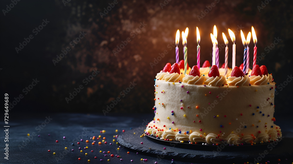 Sticker white birthday cake with colorful sprinkles with candles on a dark background with free space with place for text