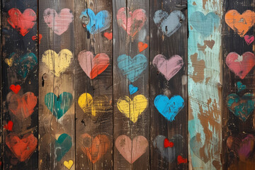 Rustic wood fence with colorful painted heart stencils