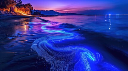 a picture of a beach at night with a blue wave coming towards the shore and lights in the water at the edge of the beach and a cliff at the edge of the water.