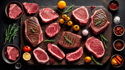 Sumptuous Symphony: A Captivating Culinary Canvas of Prime Beef Steaks and Luscious Raw Cuts on a Rustic, Dark Table