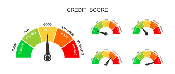 Credit score ranges icons. Loan rating scales with levels from poor to excellent. Fico report dashboard with arrow isolated on white background. Financial capacity assessment. Vector flat illustration
