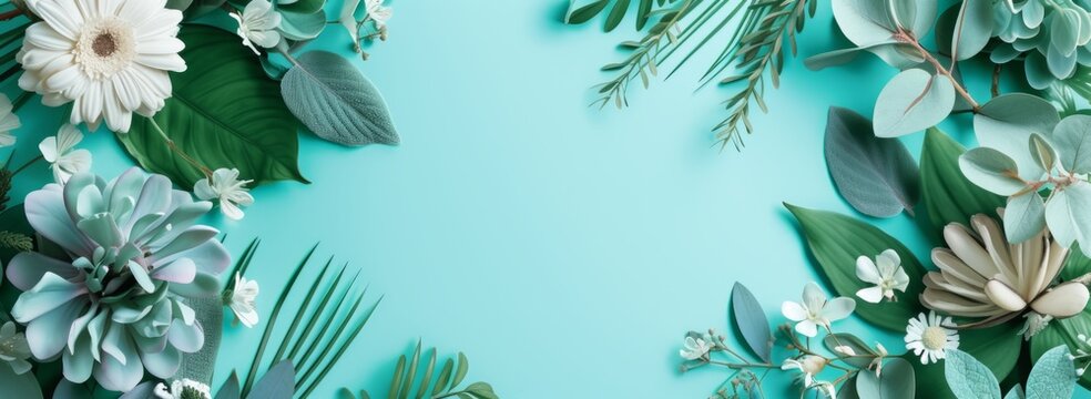 a spring sale sign on aqua blue with copy space Generative AI