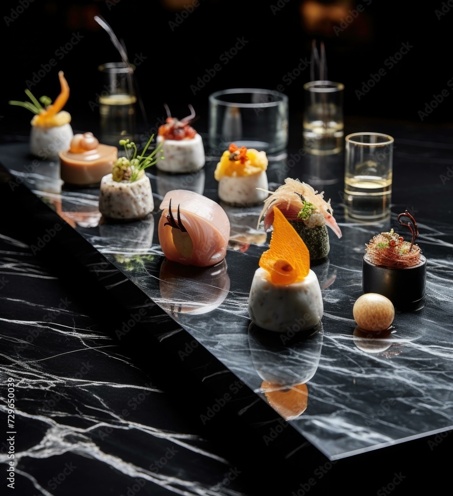 Poster a table with various sushi on it. generative ai.