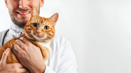 banner for veterinarian's day, a veterinarian in a white coat holds a ginger cat in his arms, with space for text