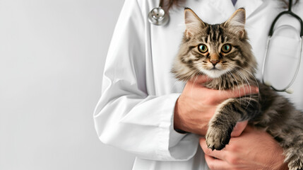 banner for veterinarian's day, a veterinarian in a white coat holds a cat in his arms, with space for text