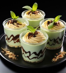 Four dessert cups with green cream and chocolate. Generative AI.