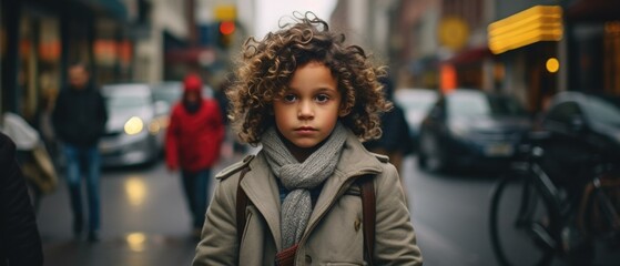 A young child standing in the middle of a city street. Generative AI.