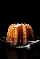 A bundt cake with caramel drizzle on a black background. Generative AI.