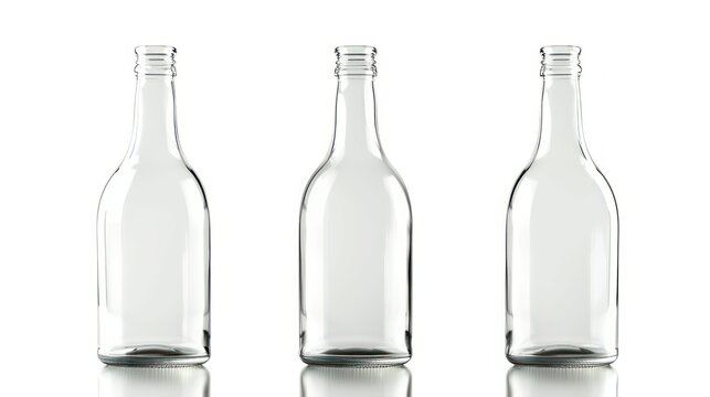 three empty glass bottles sitting next to each other on top of a white surface with a reflection of the bottle on the bottom of the bottle and bottom of the bottle.