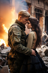 Fototapeta premium a military young guy hugs a beautiful girl against the backdrop of war, destroyed buildings and fire