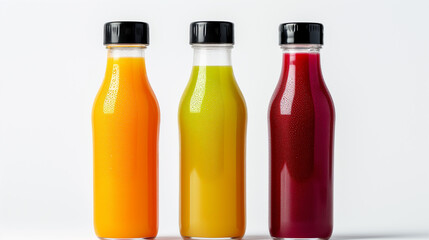 Three bottles of refreshing, vegetable or fruit juices in different colors, background white