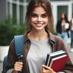 Uma estudante jovem sorrindo segurando os cadernos e livros. Uma aluna simples feliz e sorridente, mulher sorrindo, pessoa alegre, aluna sorrindo com cadernos nas mãos - obrazy, fototapety, plakaty