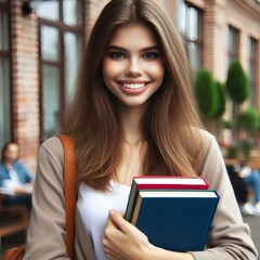 Uma estudante jovem sorrindo segurando os cadernos e livros. Uma aluna simples feliz e sorridente, mulher sorrindo, pessoa alegre, aluna sorrindo com cadernos nas mãos - obrazy, fototapety, plakaty