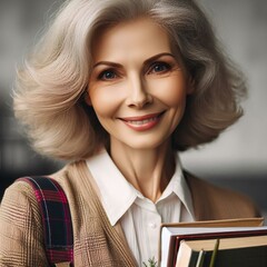 Uma estudante idosa sorrindo segurando os cadernos e livros. Uma aluna simples feliz e sorridente, mulher sorrindo, pessoa alegre, aluna sorrindo com cadernos nas mãos - obrazy, fototapety, plakaty