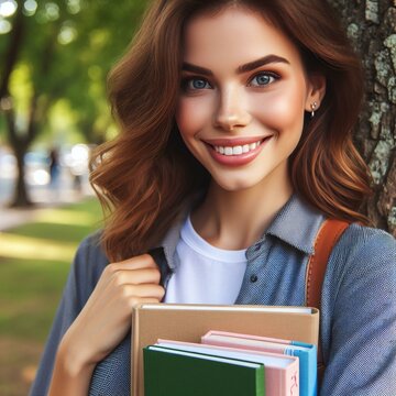 Uma estudante jovem sorrindo segurando os cadernos e livros. Uma aluna simples feliz e sorridente, mulher sorrindo, pessoa alegre, aluna sorrindo com cadernos nas m&atilde;os