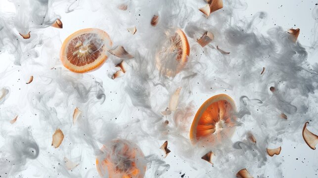  a group of oranges sitting on top of a pile of white smoke with a piece of orange in the middle of the photo on top of a white background.