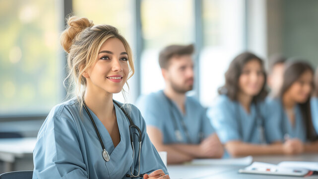 Young doctors-in-training hanging on every word of speaker