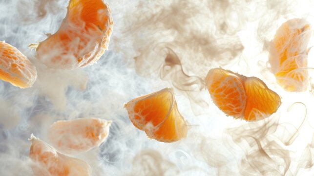 a group of oranges floating on top of a white liquid filled body of water with steam coming out of the top of them and on top of the bottom of the image.