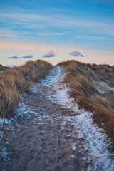 icy path at the beach in winter in denmark. High quality photo - 729651216