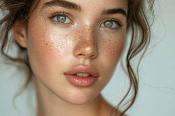 Close-up: Woman's face radiates natural beauty, healthy, clean skin. Flawless complexion adorned with minimal, natural makeup accentuates innate beauty. - obrazy, fototapety, plakaty