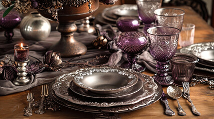  a close up of a table with a plate, silverware and a vase with a flower in it and a candle in the middle of the plate on the table.