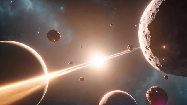 Asteroids floating in space with distant shining planets and stars create a mystical cosmic landscape
