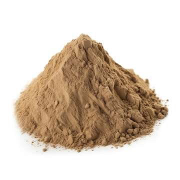 close up pile of finely dry organic fresh raw black cohosh root powder isolated on white background. bright colored heaps of herbal, spice or seasoning recipes clipping path. selective focus