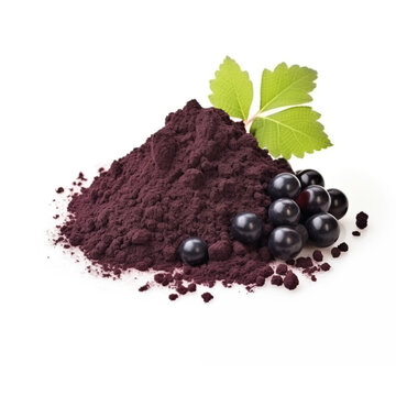 close up pile of finely dry organic fresh raw black currant powder isolated on white background. bright colored heaps of herbal, spice or seasoning recipes clipping path. selective focus