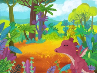 Wandaufkleber cartoon scene with forest jungle meadow wildlife with dragon dino dinosaur animal zoo scenery illustration for children © honeyflavour