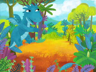 cartoon scene with forest jungle meadow wildlife with dragon dino dinosaur animal zoo scenery illustration for children © honeyflavour