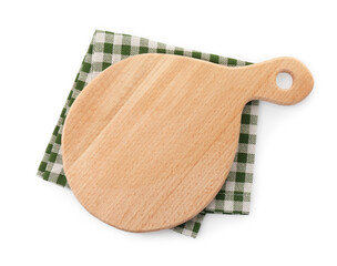 Wooden cutting board and napkin isolated on white, top view