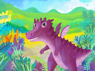 cartoon scene with forest jungle meadow wildlife with dragon dino dinosaur animal zoo scenery illustration for children © honeyflavour