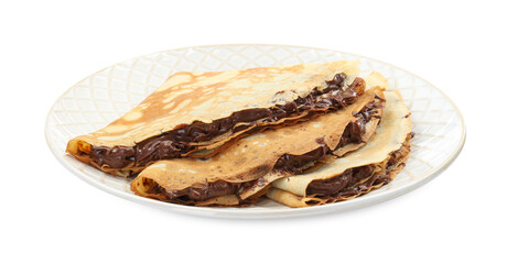 Tasty crepes with chocolate paste isolated on white