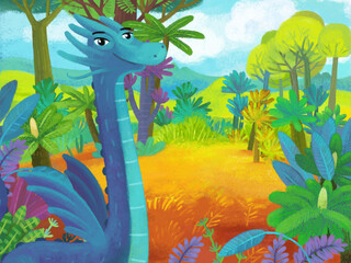 cartoon scene with forest jungle meadow wildlife with dragon dino dinosaur animal zoo scenery illustration for children © honeyflavour