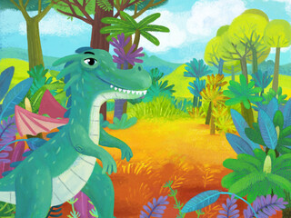 cartoon scene with forest jungle meadow wildlife with dragon dino dinosaur animal zoo scenery illustration for children © honeyflavour
