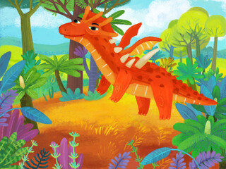 cartoon scene with forest jungle meadow wildlife with dragon dino dinosaur animal zoo scenery illustration for children