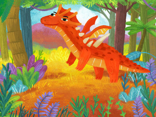 cartoon scene with forest jungle meadow wildlife with dragon dino dinosaur animal zoo scenery illustration for children © honeyflavour