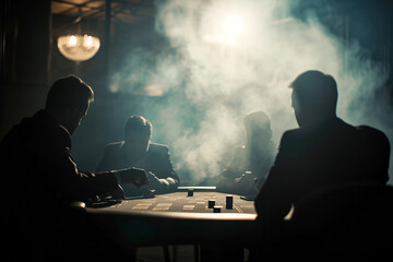 Silhouette of people illegal gambling operation in a warehouse. Clandestine gaming tables, with dim lights and cigarette smoke
