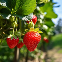close-up of a fresh ripe strawberry hang on branch tree. autumn farm harvest and urban gardening concept with natural green foliage garden at the background. selective focus